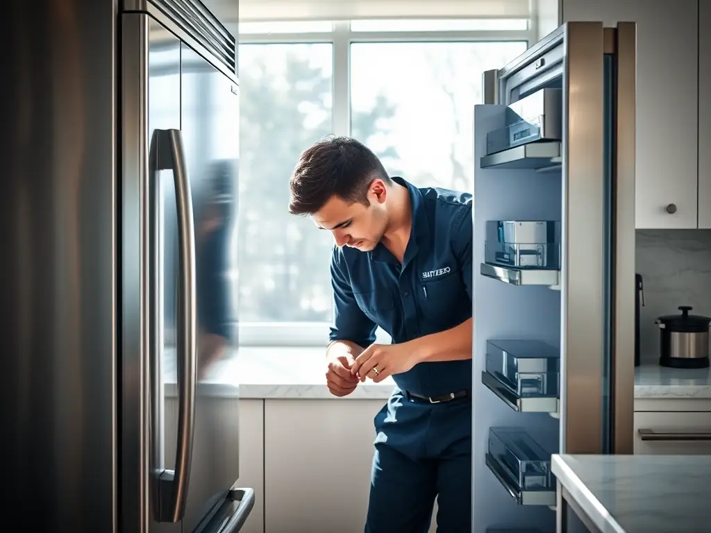 A close-up shot of a technician meticulously repairing the internal components of a Sub-Zero refrigerator in a modern, upscale kitchen. The focus is on the technician's precision and the high-quality parts being used.