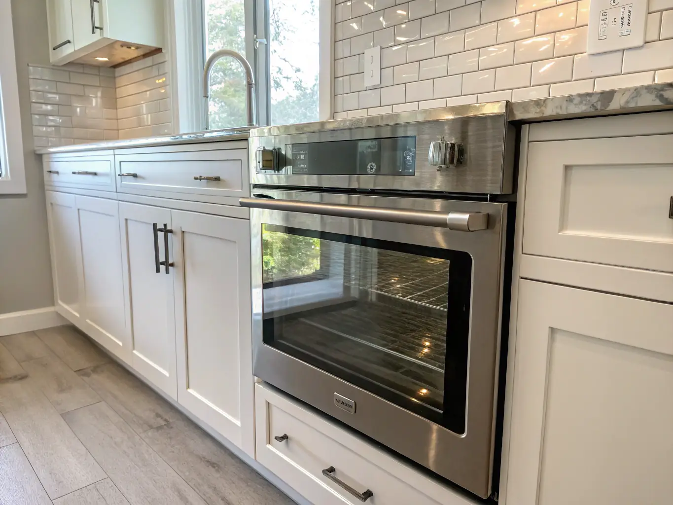A Wolf oven with a perfectly baked dish inside, showcasing the even heating and precise temperature control of the appliance. The setting is an upscale kitchen in Newport Beach.