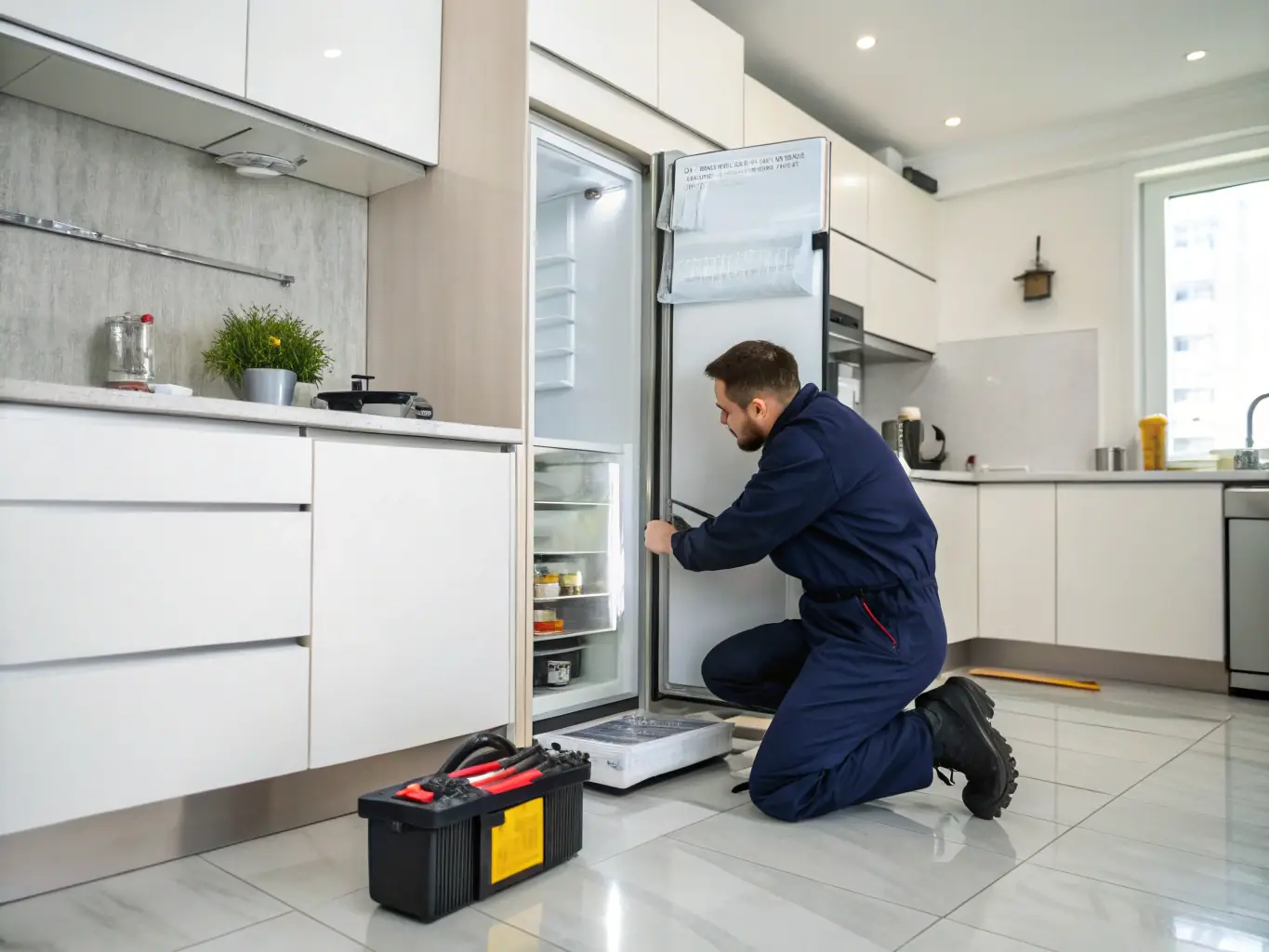 A technician in uniform carefully inspecting the door seal of a Sub-Zero freezer in a well-lit, luxury coastal home. The scene emphasizes the cleanliness and professionalism of the service.