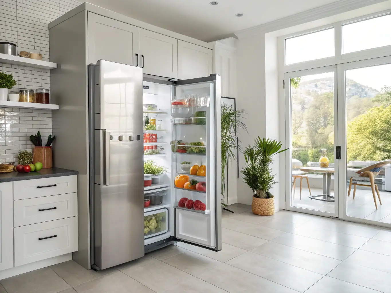 A high-resolution image of a Sub-Zero refrigerator with its door open, showcasing fresh produce and organized shelving, emphasizing the appliance's premium quality and design.