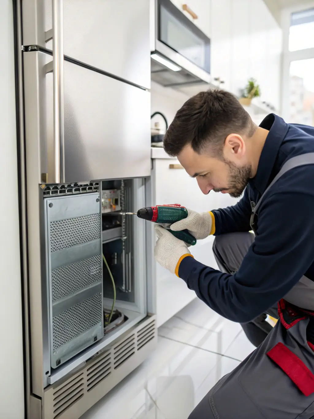 Close-up shot of a licensed technician in Newport Beach, wearing a clean uniform and using specialized tools to repair a Sub-Zero refrigerator in a modern, upscale kitchen. The focus is on professionalism and expertise.