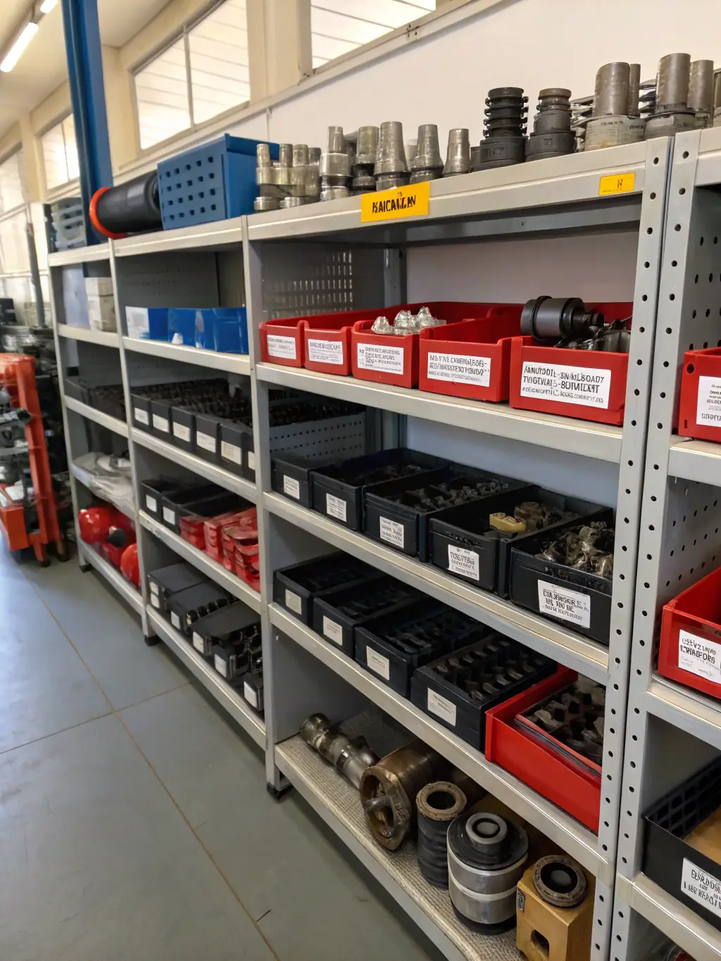Image of a collection of genuine Sub-Zero and Wolf OEM parts neatly organized on a technician's workbench, emphasizing their quality and authenticity. The background shows a well-equipped service van.