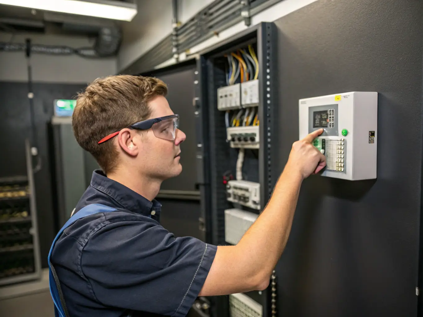 A technician delicately adjusting the temperature settings of a built-in wine cooler in a sophisticated dining area. The image highlights the importance of maintaining ideal storage conditions for wine preservation.