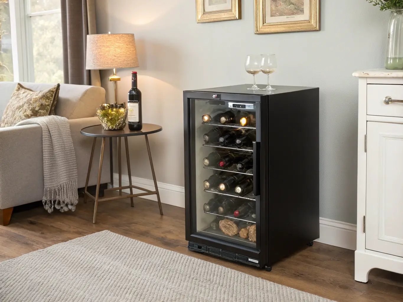 An elegant image of a Sub-Zero wine cooler filled with various wine bottles, showcasing its precise temperature control and stylish design.