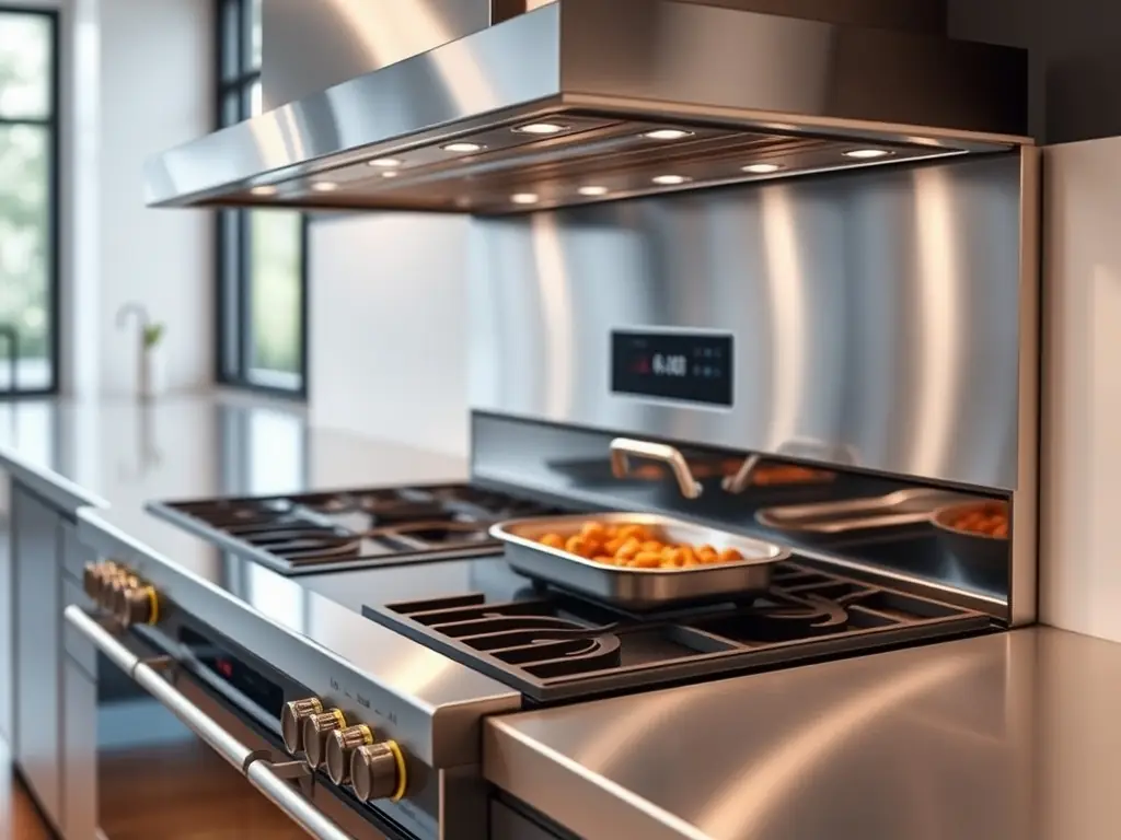 A Wolf range with the oven door open, showcasing the interior and emphasizing the professional-grade quality of the appliance. The setting is a modern kitchen in Newport Beach.