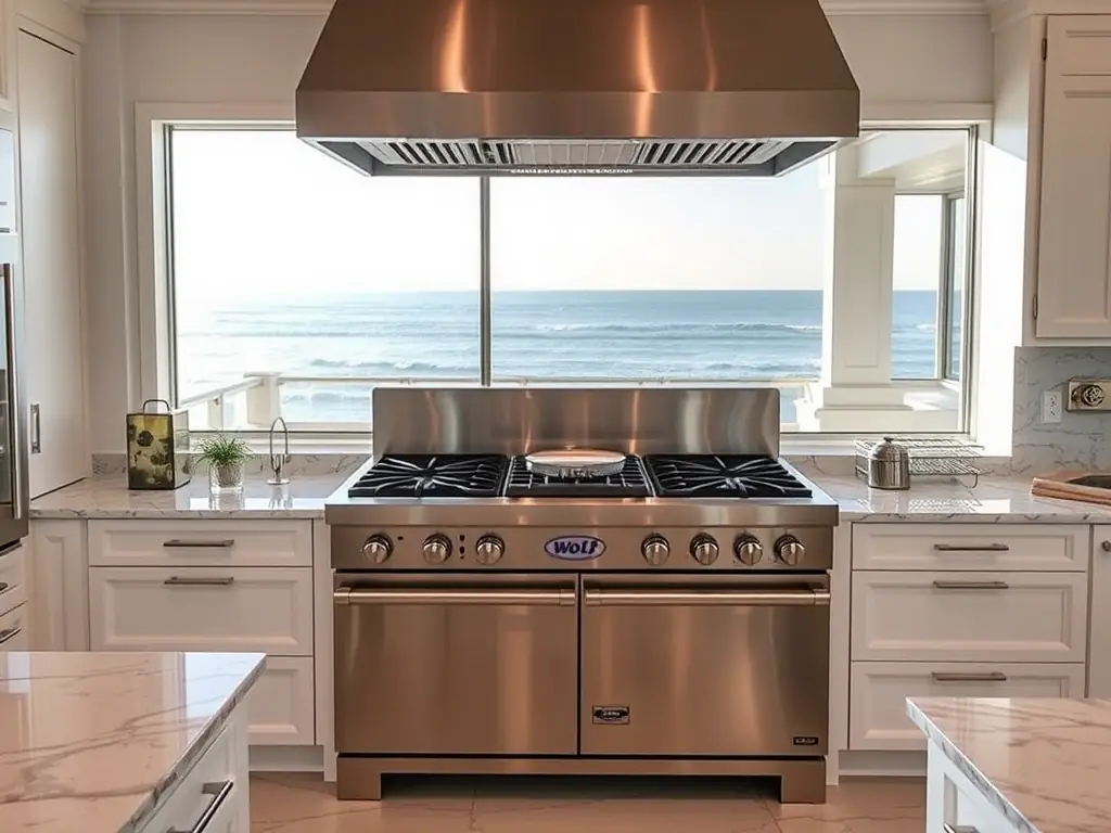 A wide shot of a fully repaired and sparkling clean Wolf range in a luxury kitchen setting, showcasing the end result of a professional repair service.
