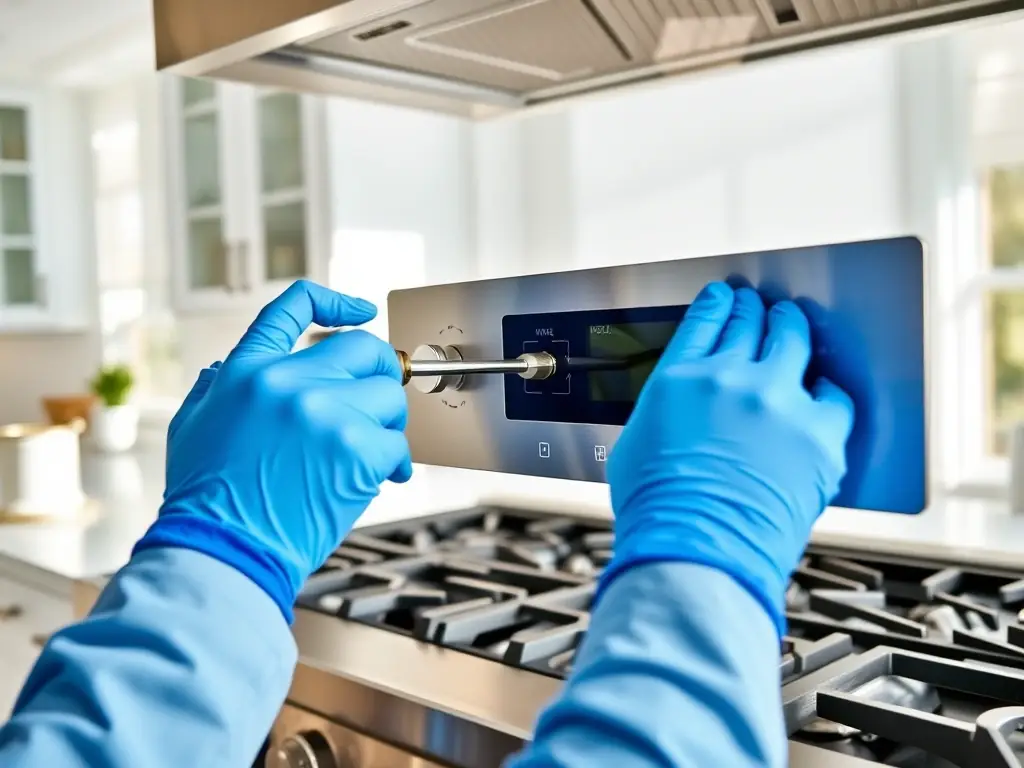 An image of a technician replacing a control panel on a Wolf cooktop. The technician is wearing gloves and using specialized tools to ensure a precise and safe replacement.
