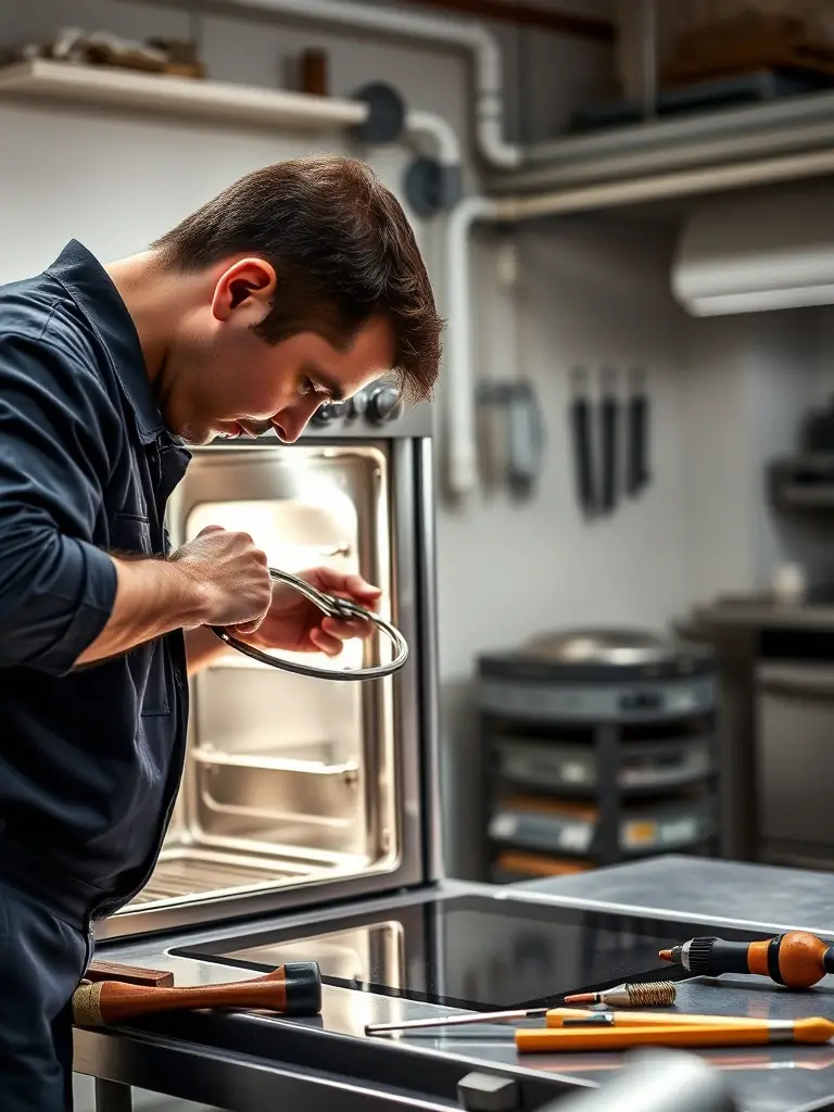 An image of a technician replacing a heating element in a Wolf oven, showcasing the use of genuine Wolf OEM parts.
