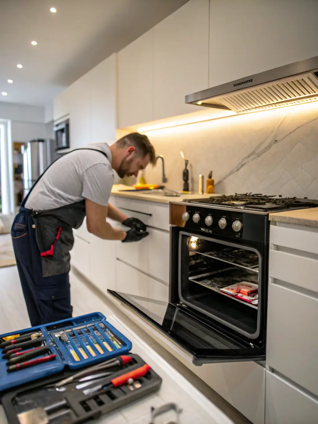 An image showcasing a technician diagnosing an issue with a Wolf oven's electronic control board using diagnostic tools.