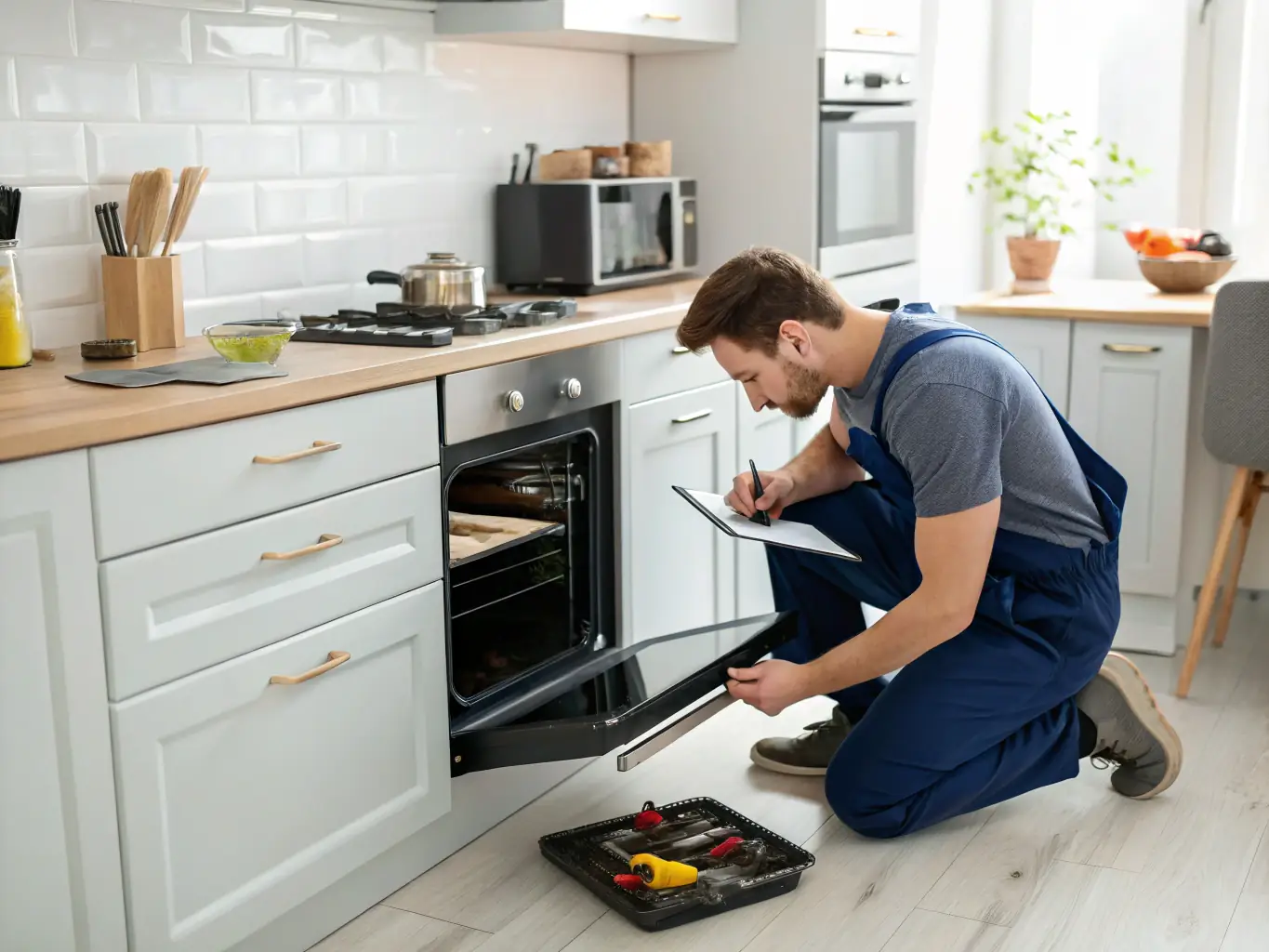 A close-up shot of a Wolf cooktop with a technician carefully inspecting the burner. The technician is using professional tools, and the focus is on the intricate details of the cooktop's components.