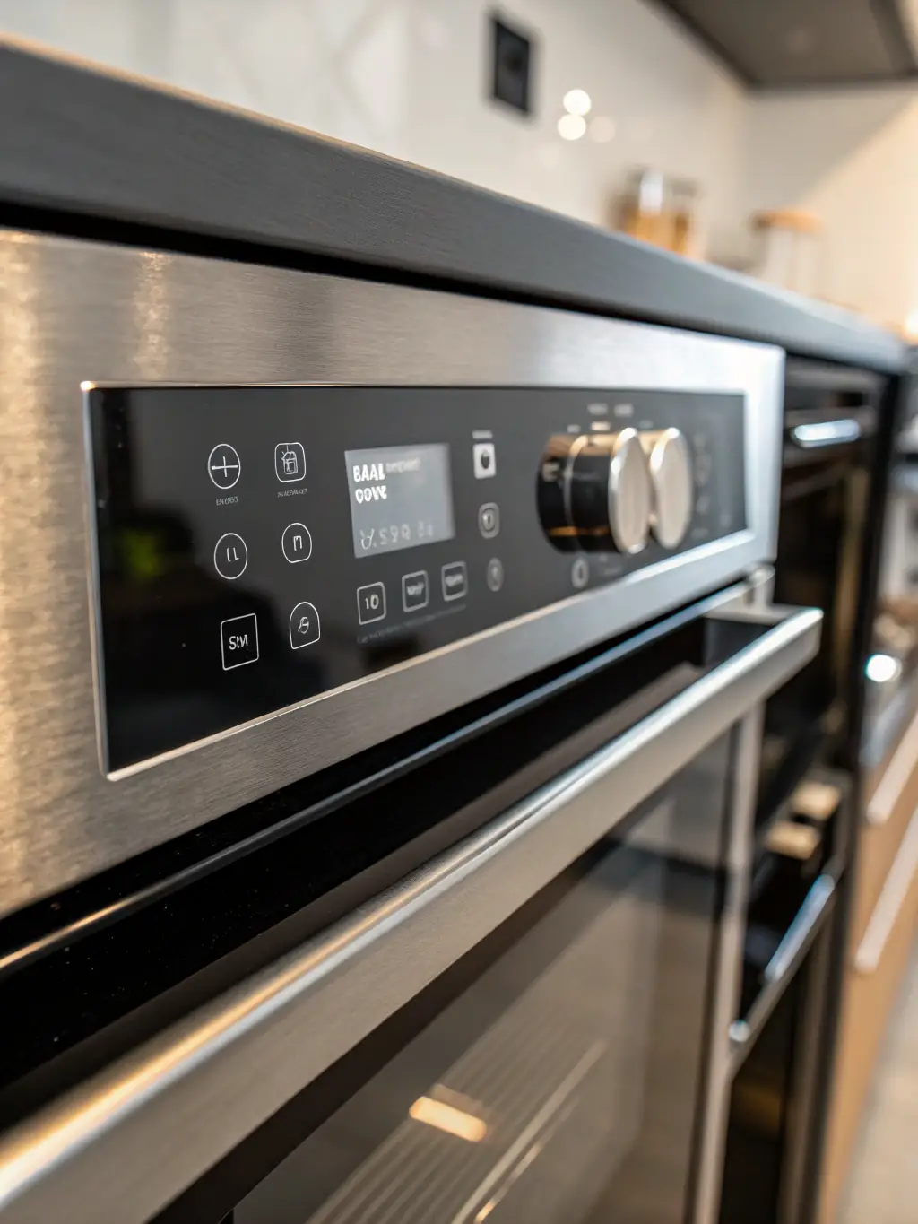 A close-up shot of a Wolf oven control panel with a technician's hand adjusting the temperature dial, showcasing precision and attention to detail.