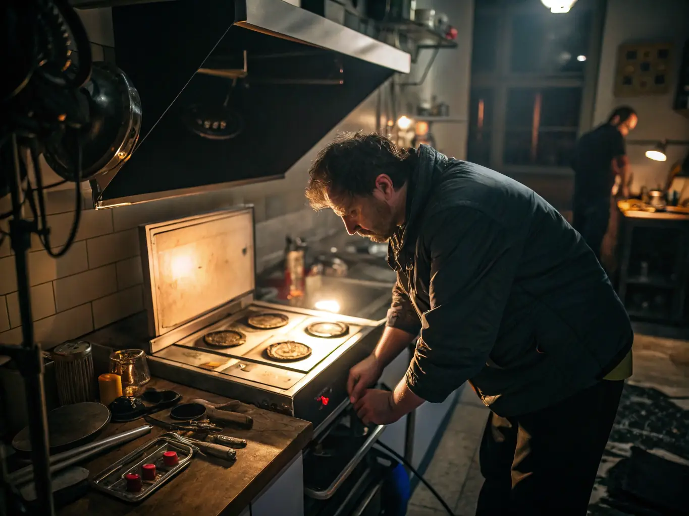 A close-up shot of a Wolf range burner with a technician's hand adjusting the flame. The focus is on the precision and care taken during the repair process.