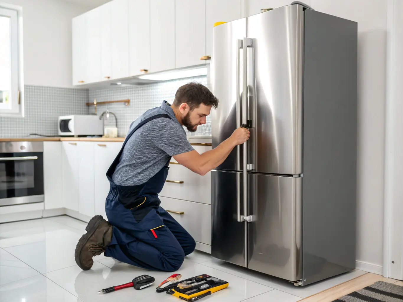 A technician using specialized tools to repair the control panel of a Wolf range. The image highlights the technical expertise involved in modern appliance repair.